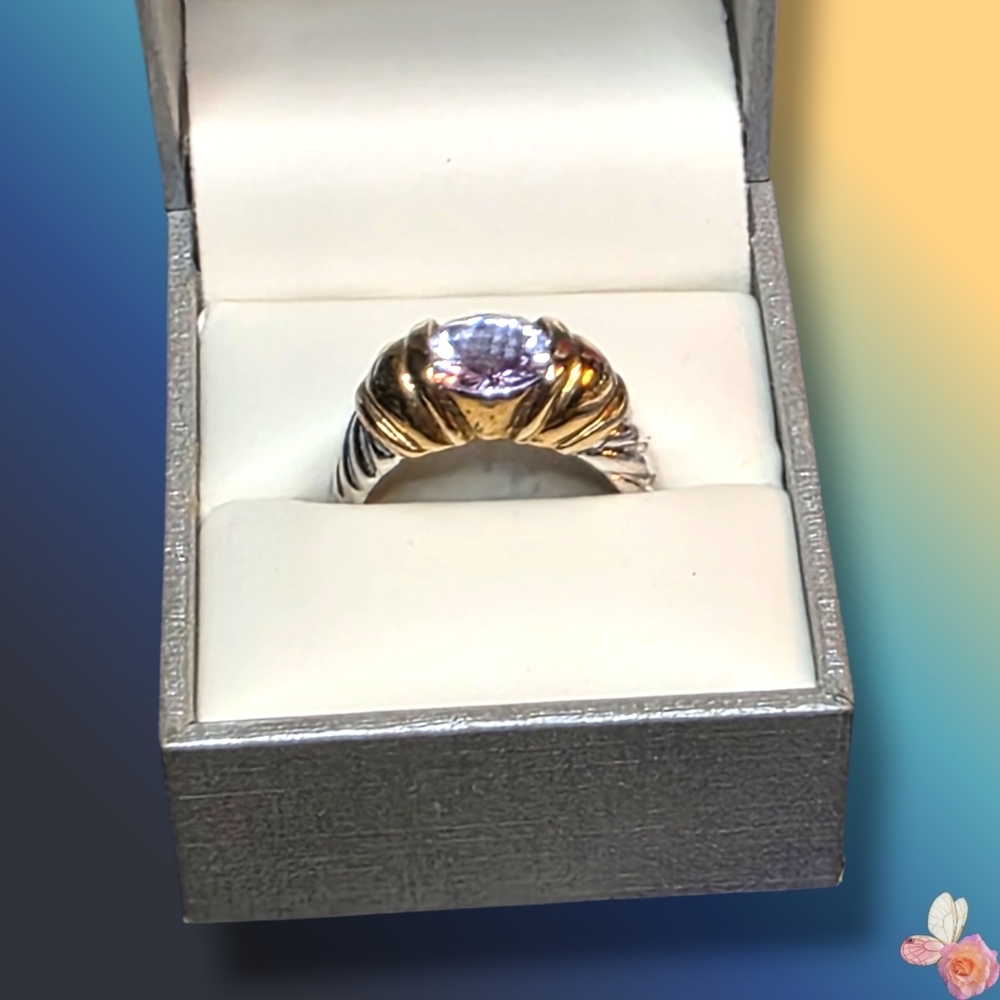 Vintage Savoy Sculptural Ring Purple Stone Silver Gold Tone Size 9 560